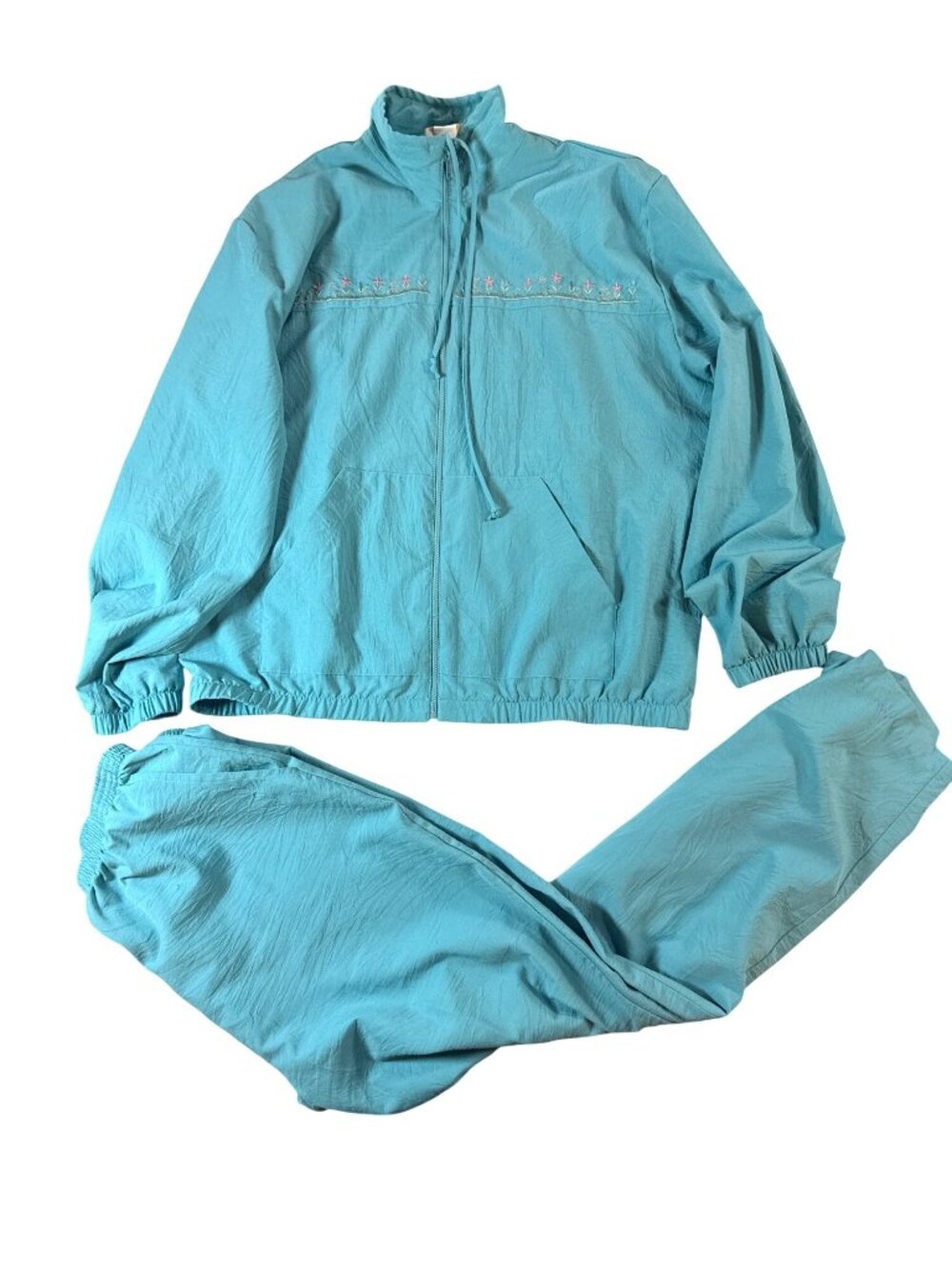 Vintage Teddi Two-Piece Turquoise Tracksuit With Embroidered Floral Set Large